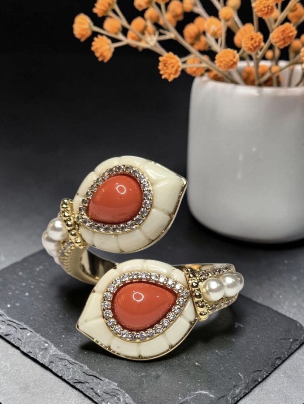 18k Gold Plated Designer Scallop Lucite Coral Cabochon Pearl Crystal Bypass Ring